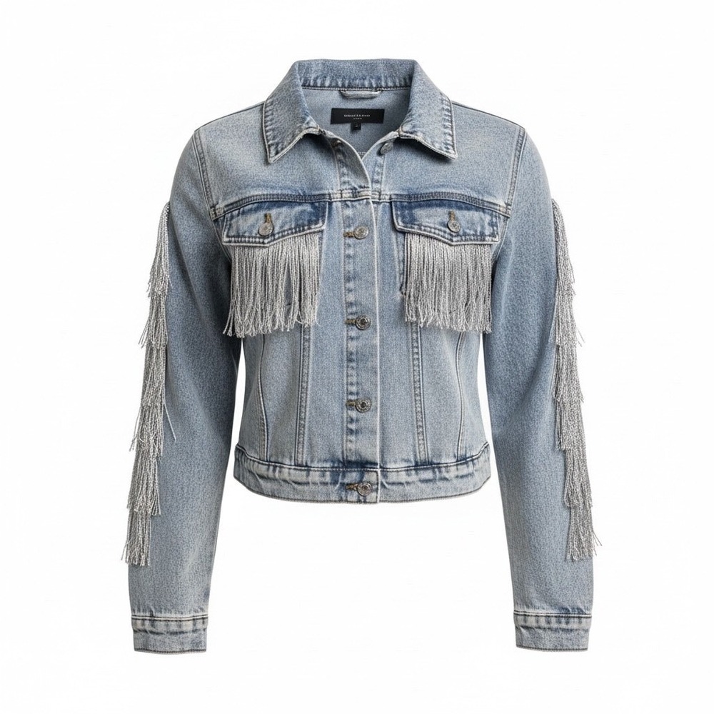 Womens‎ Light Wash Denim Jacket Silver Fringe Cropped Raw Hem Small